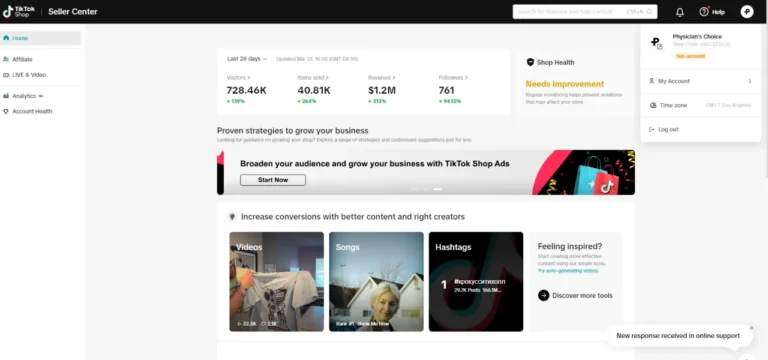 TikTok Shop success case study for Physician's Choice supplement brand showing $1.2M 28-day revenue, 728K visitor traffic with conversion optimization through creator partnerships, video content, and hashtag strategy, plus recommendations for TikTok Shop advertising and audience growth