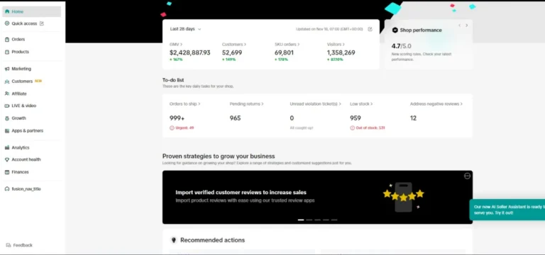 TikTok Shop Seller Center analytics dashboard showing store scaled to $2.3M+ revenue with 52K customers, 1.3M visitors, and recommended strategies for importing verified reviews and increasing sales
